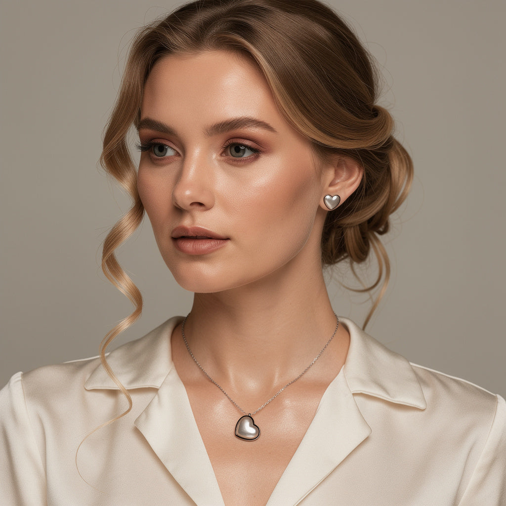 Set „Inima de Perla" | Colier si cercei | Otel medical 316L | Finisaj argintiu
