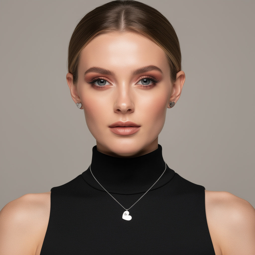Set „Inima Romantica" | Colier si cercei | Otel medical 316L | Finisaj argintiu