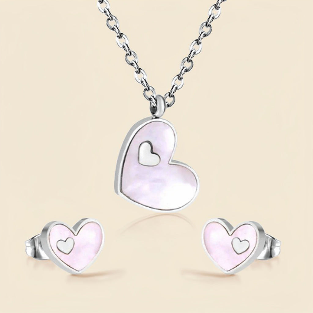 Set „Inima Romantica" | Colier si cercei | Otel medical 316L | Finisaj argintiu